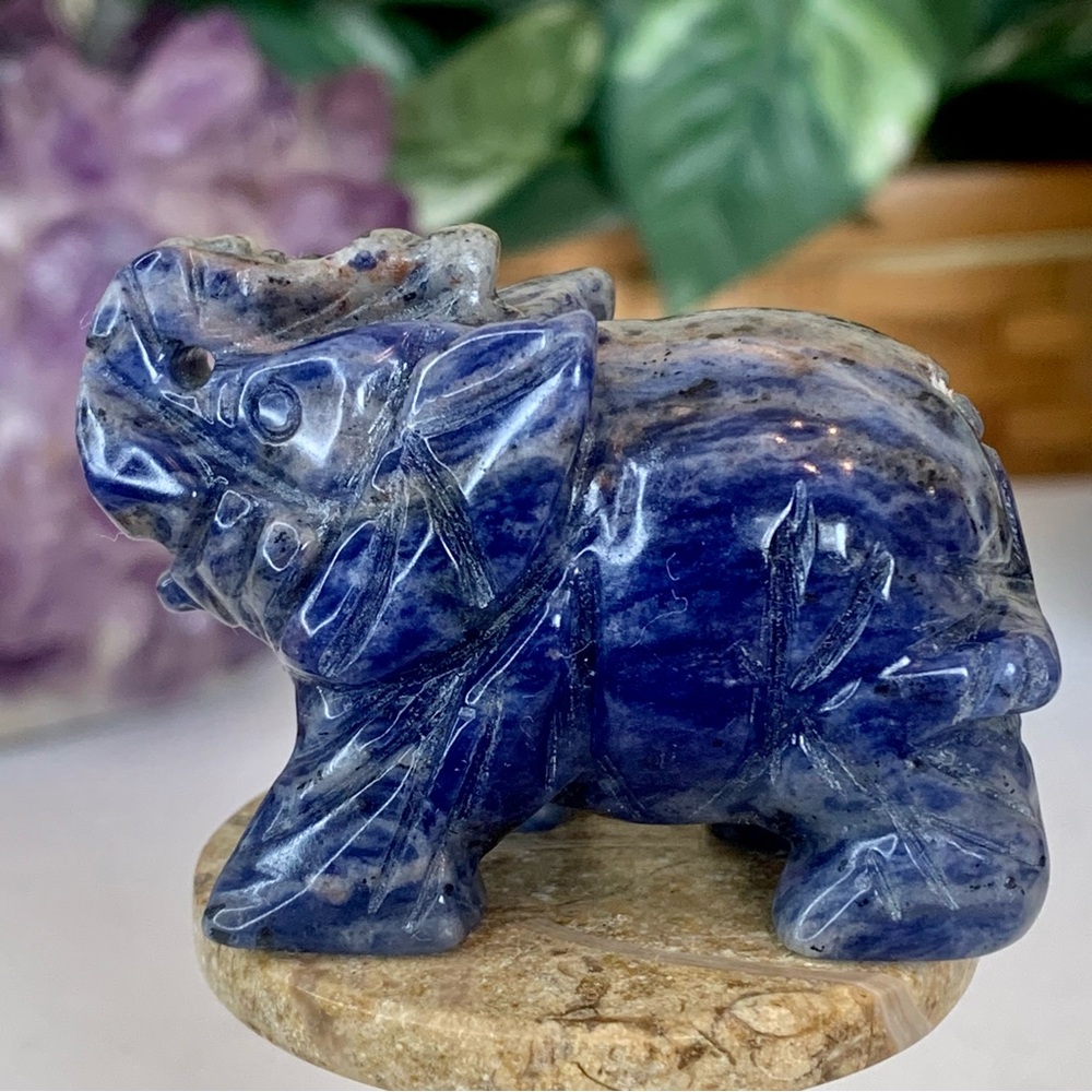 Carved Stone Elephant Carving Blue Sodalite Gemstone Animal Figurine Statue 2.1"